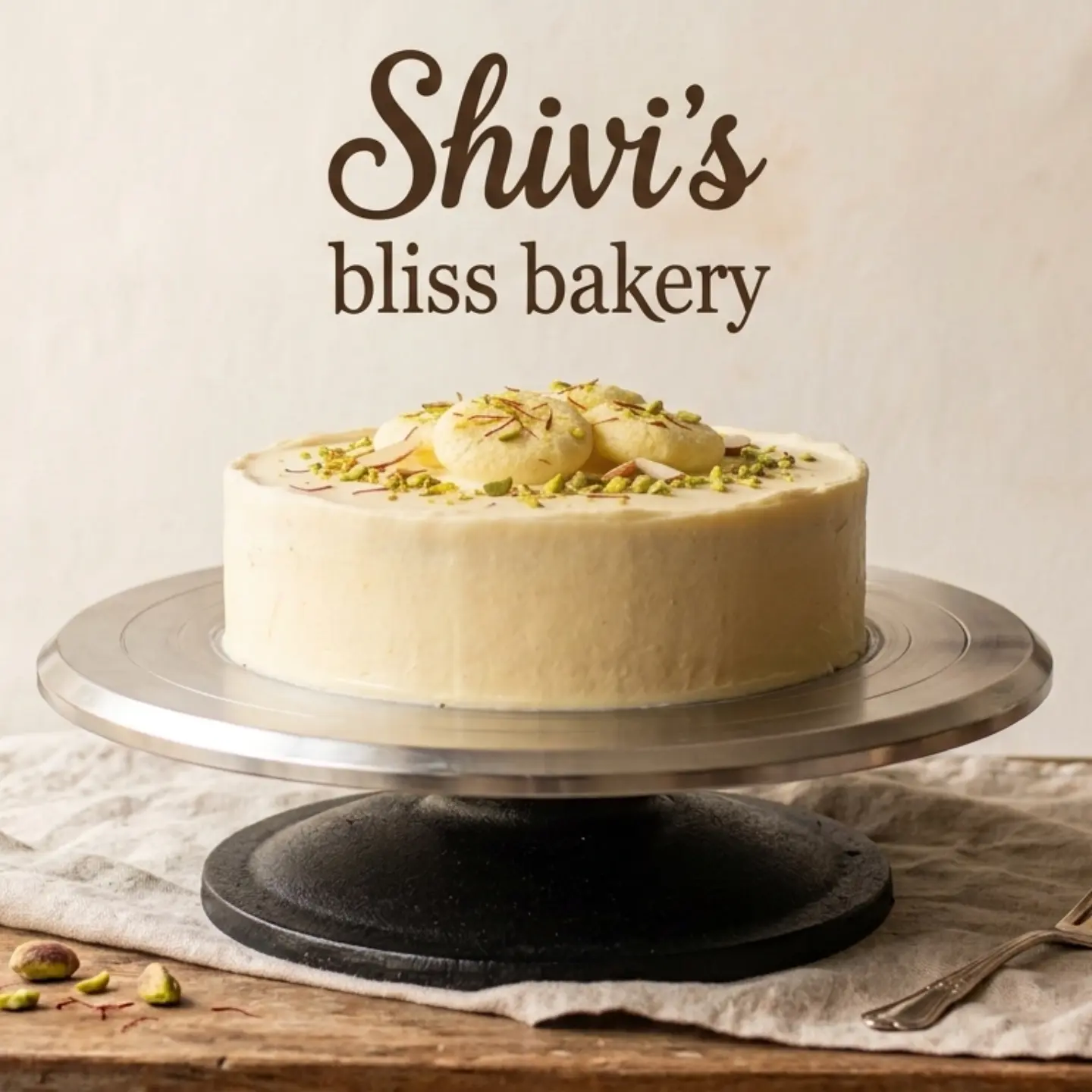 Signature pistachio-topped cake by Shivi's Bliss Bakery